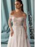 Off Shoulder Beaded Ivory Lace Tulle Wedding Dress